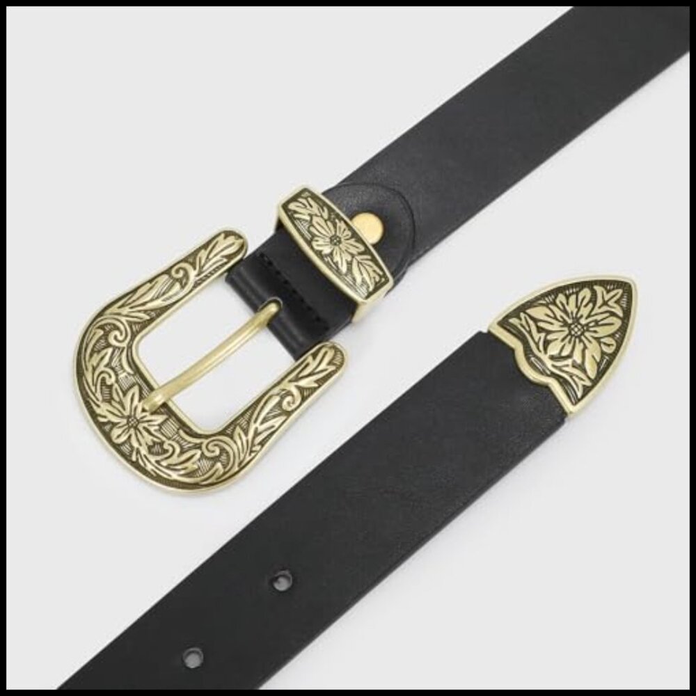 Vintage Western Belt Floral Carved Buckle PU Leather Waist Accessory - Picture 3 of 7